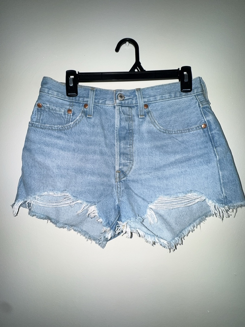 Levi's 501 Light Blue Distressed Cutoff Denim Shorts